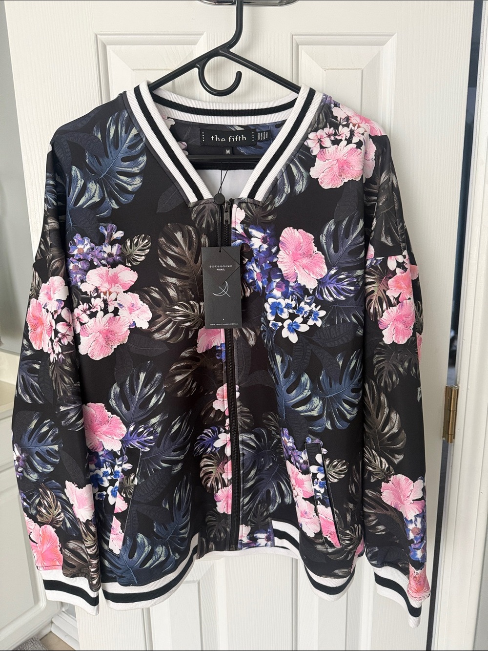 The Fifth Label Black Floral Bomber Jacket with Pink & Blue Flowers